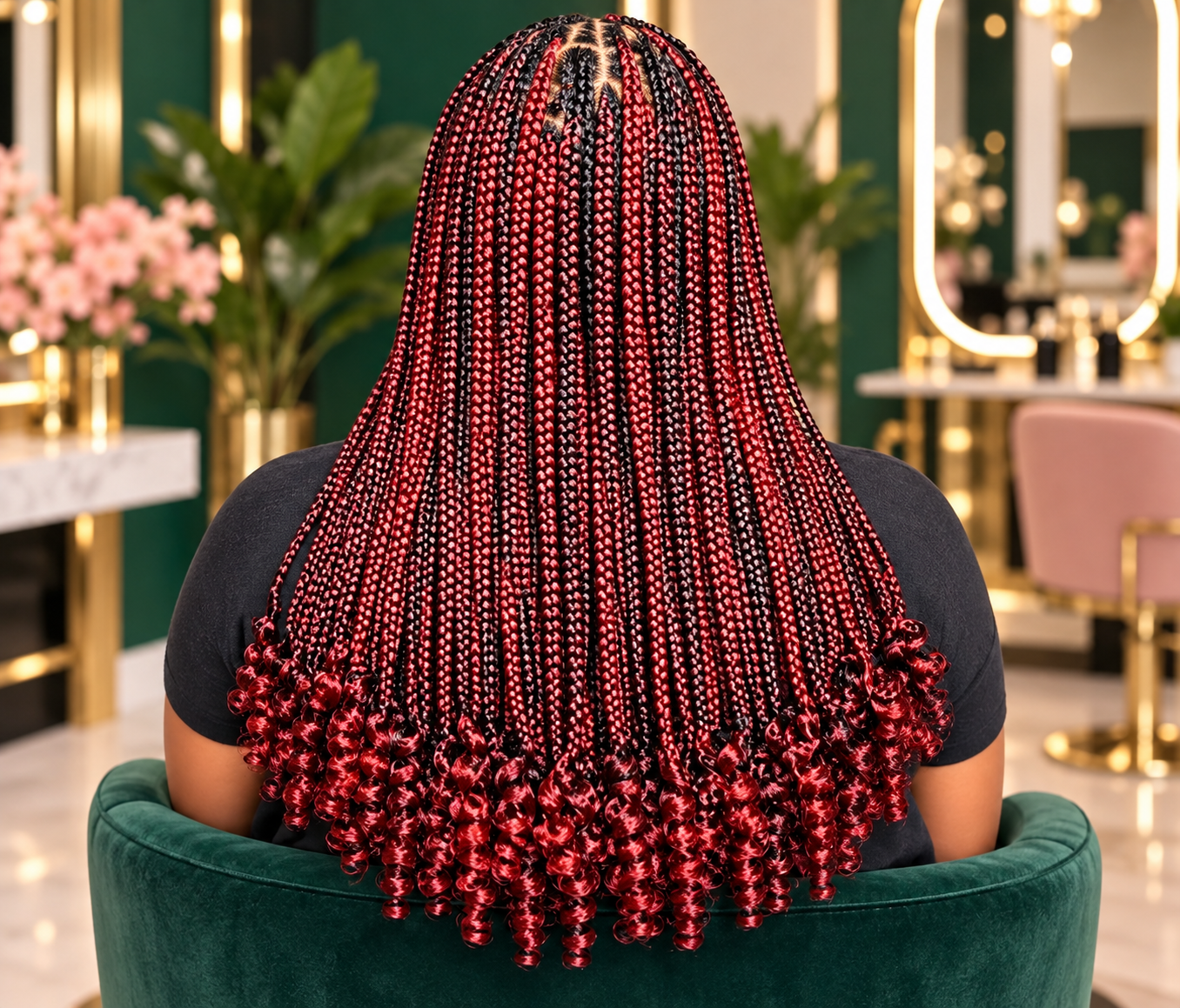 Long red and black braided hairstyle